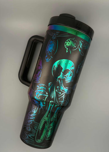 40 oz Tipsy Skeleton Tumbler with colorful metallic skull design and spill-resistant lid